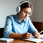 A focused young professional, fully clothed in a modest, smart casual outfit, sitting at a clean wooden desk in a modern, well-lit home study. They are wearing headphones and intently reading a Russian language textbook, with a subtle expression of concentration, perhaps subtly mouthing a difficult pronunciation. The setting is neat and organized, conveying a sense of dedicated learning and quiet perseverance. Perfect anatomy, correct proportions, natural pose, well-formed hands, proper finger count. Professional photography, high resolution, realistic, vibrant colors, soft lighting, safe for work, appropriate content, fully clothed, modest, family-friendly.