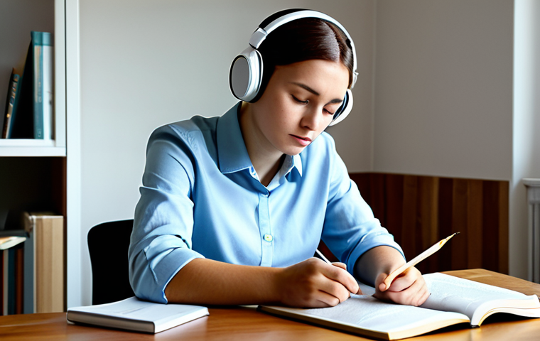 A focused young professional, fully clothed in a modest, smart casual outfit, sitting at a clean wooden desk in a modern, well-lit home study. They are wearing headphones and intently reading a Russian language textbook, with a subtle expression of concentration, perhaps subtly mouthing a difficult pronunciation. The setting is neat and organized, conveying a sense of dedicated learning and quiet perseverance. Perfect anatomy, correct proportions, natural pose, well-formed hands, proper finger count. Professional photography, high resolution, realistic, vibrant colors, soft lighting, safe for work, appropriate content, fully clothed, modest, family-friendly.