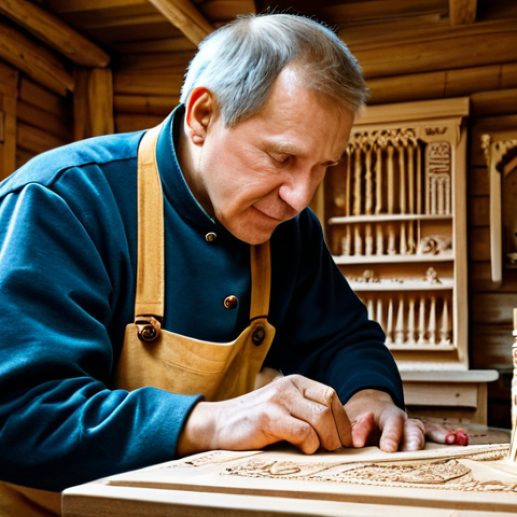 러시아어와 러시아 전통 - **Prompt:** "A skilled woodcarver in a brightly lit workshop, carefully crafting intricate designs o...