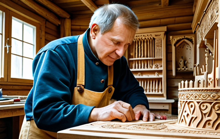 러시아어와 러시아 전통 - **Prompt:** "A skilled woodcarver in a brightly lit workshop, carefully crafting intricate designs o...