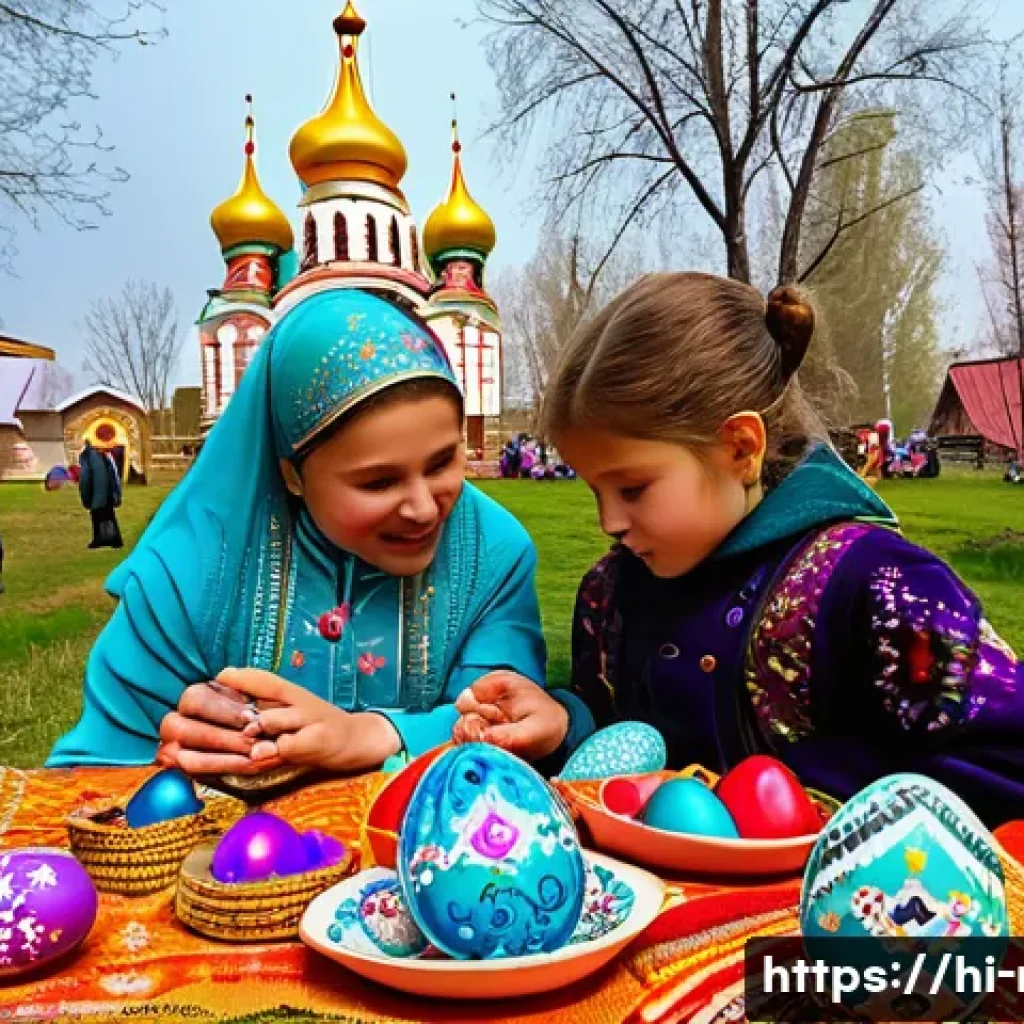 러시아어와 러시아 종교 - A detailed scene of a traditional Russian Orthodox Easter celebration in a cozy village setting duri...
