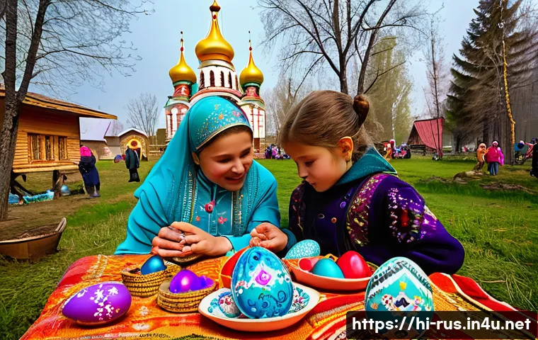러시아어와 러시아 종교 - A detailed scene of a traditional Russian Orthodox Easter celebration in a cozy village setting duri...