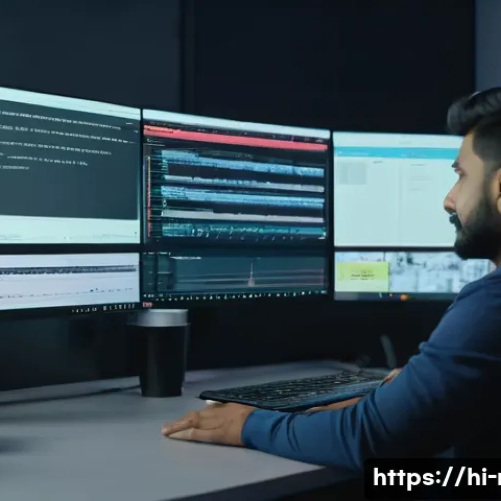 러시아어 자막 제작 방법 - A professional content creator of Indian origin sitting at a modern desk with dual computer monitors...