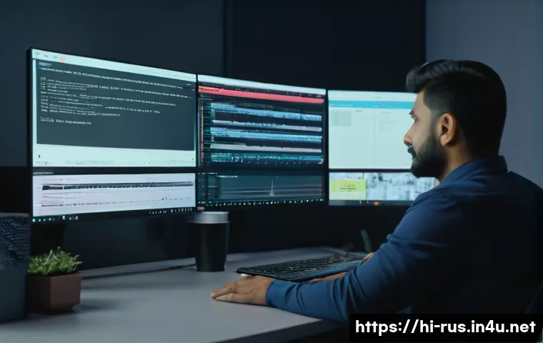 러시아어 자막 제작 방법 - A professional content creator of Indian origin sitting at a modern desk with dual computer monitors...