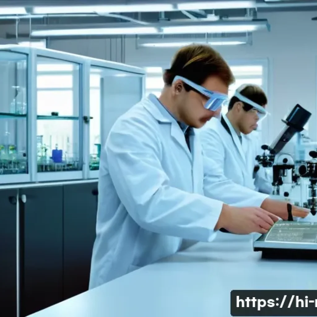 러시아어와 러시아 화학 산업 - A high-tech chemical laboratory in Russia with scientists wearing safety goggles and lab coats, work...