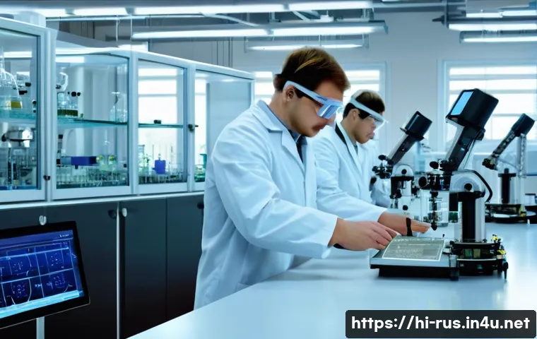러시아어와 러시아 화학 산업 - A high-tech chemical laboratory in Russia with scientists wearing safety goggles and lab coats, work...