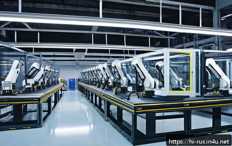 러시아어와 러시아 기계공학 - A high-tech Russian smart factory interior showcasing advanced automation and robotics, featuring AI...