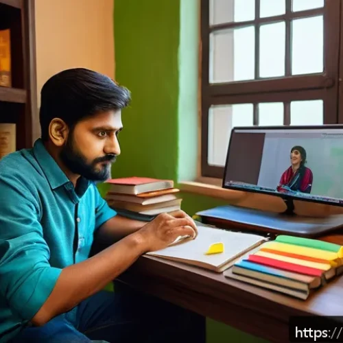 Home 32 러시아어 관용구 - A vibrant scene depicting a Hindi-speaking learner sitting at a cozy study desk surrounded by Russia...