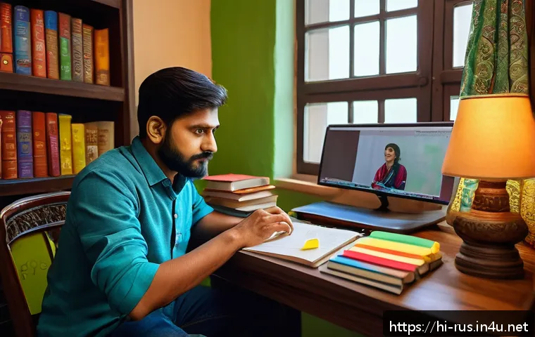 러시아어 관용구 - A vibrant scene depicting a Hindi-speaking learner sitting at a cozy study desk surrounded by Russia...