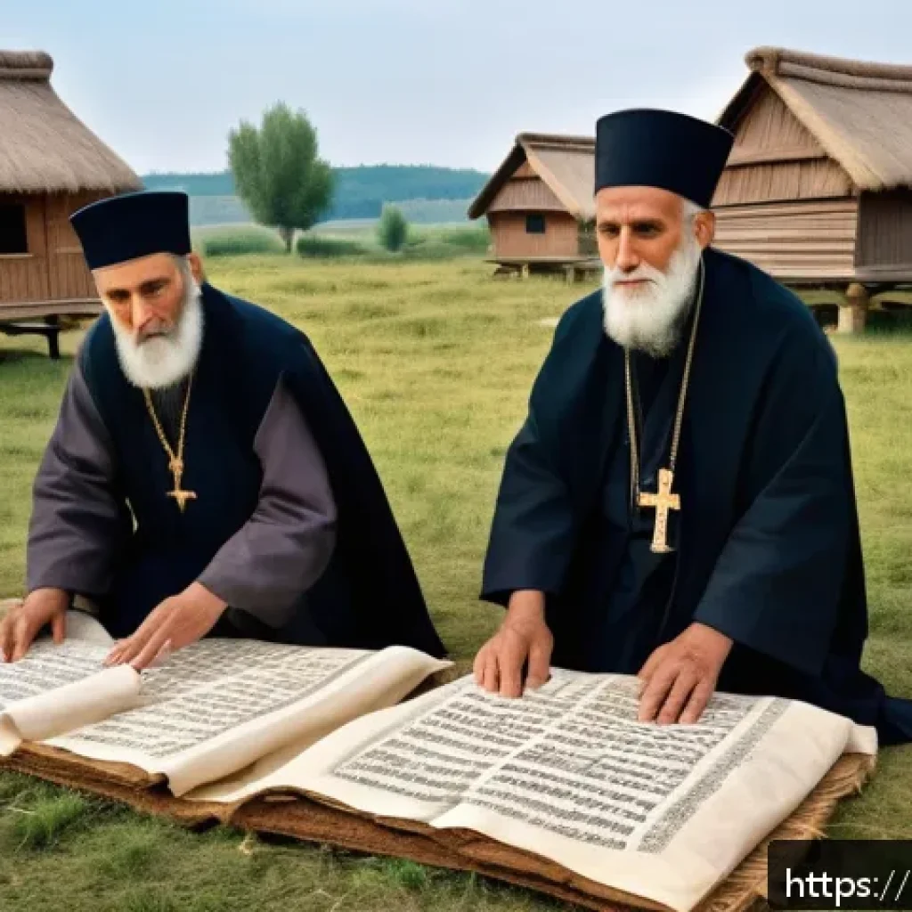 러시아어 키릴 문자 역사 - A detailed historical scene depicting two Byzantine missionaries, Saint Cyril and Saint Methodius, i...