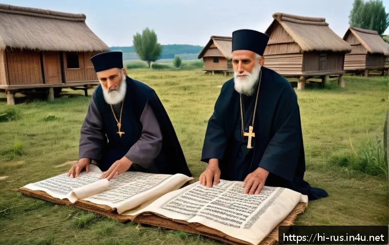 러시아어 키릴 문자 역사 - A detailed historical scene depicting two Byzantine missionaries, Saint Cyril and Saint Methodius, i...