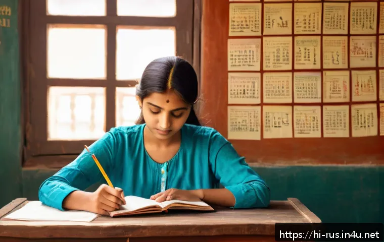러시아어 원어민과 대화하는 법 - A detailed classroom scene showing a Hindi-speaking adult learner sitting attentively at a wooden de...