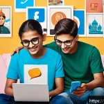 Home 23 러시아어와 러시아 SNS - A vibrant digital illustration of young Indian users engaging on popular Russian social media platfo...