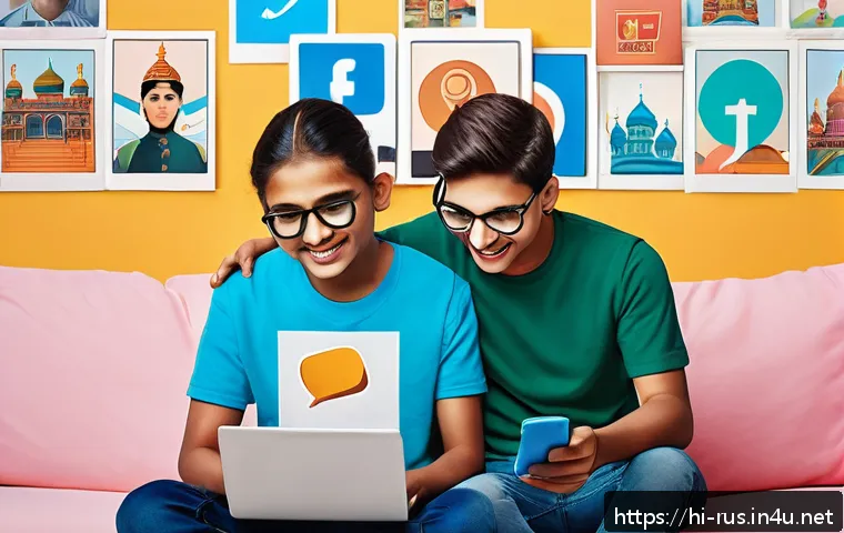 러시아어와 러시아 SNS - A vibrant digital illustration of young Indian users engaging on popular Russian social media platfo...
