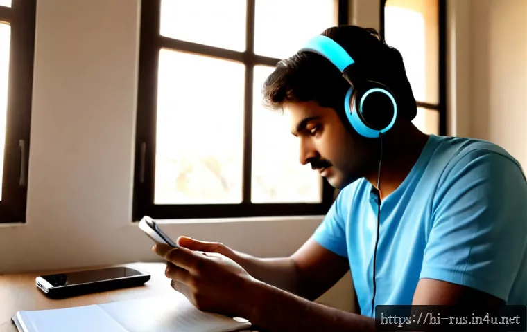러시아어 듣기 연습법 - Photorealistic Indian adult learner practicing Russian listening at a clean home desk, wearing comfo...